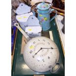A Continental blue and floral decorated coffee pot, two French enamel containers and a wall clock,