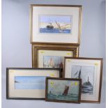 AF?: watercolours, Mediterranean harbour scene with dhow and steam ship, 5 1/4" x 10", in gilt frame