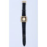 A Piaget 18ct gold cased wristwatch with black enamel and gold textured dial, on black leather