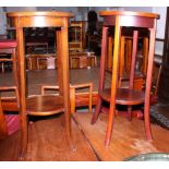 A matched pair of mahogany two-tier circular occasional tables, on square supports, 14" dia
