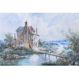 A pair of Victorian watercolours, rural landscapes with figure, house and barn, 7" x 10", in gilt