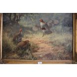 † William Hollywood: oil on canvas, common partridges in a clearing, 19 1/2" x 28 1/2", in gilt