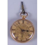 An 18ct gold cased open faced pocket watch, the gold dial with Roman numerals and subsidiary seconds