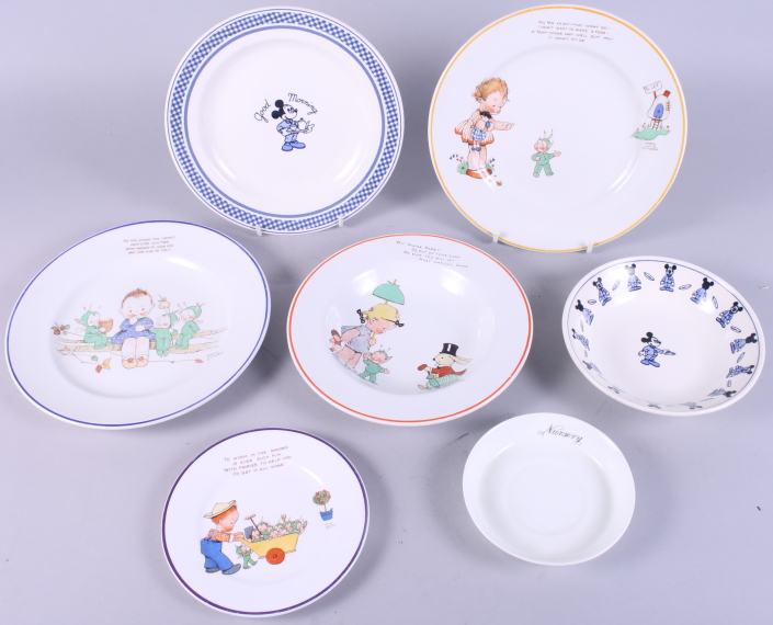 Two Mabel Lucy Attwell 8" plates, a soup plate and a side plate and three other pieces of nursery