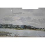 WB: mid 20th century watercolour landscape with river and hills, 9 1/4" x 13 1/4", in strip frame, a
