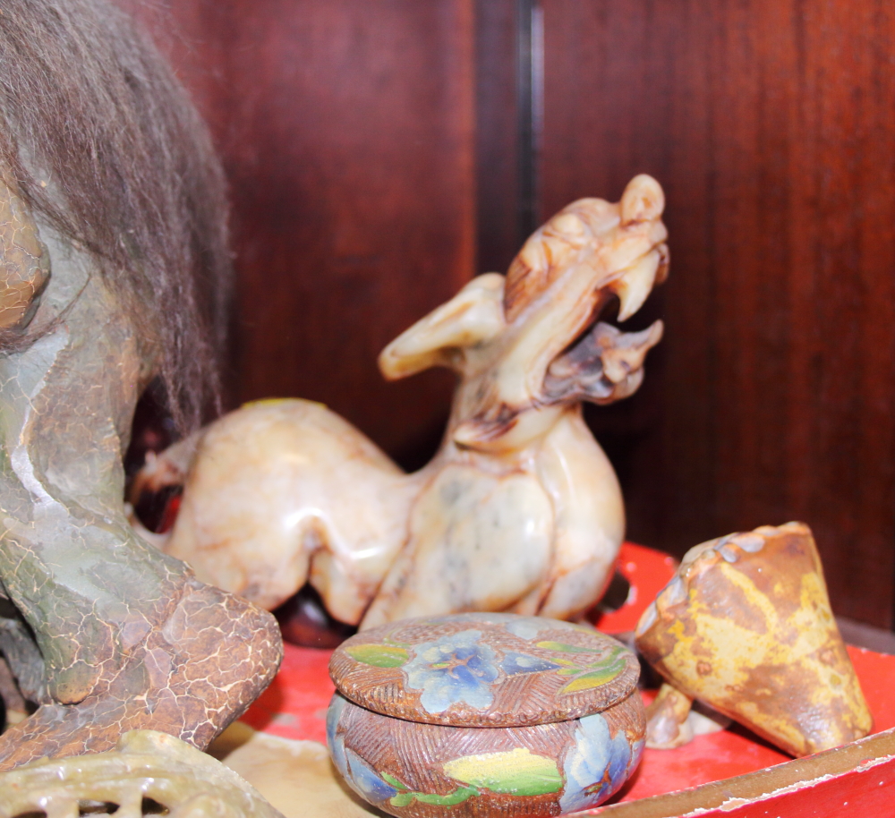 A Chinese hardstone carving of a dragon, other hardstone carvings and Babycham glasses - Image 2 of 4