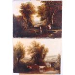 A pair of 19th century oil on canvas rural studies with figures cattle and bridge, 12" x 16",