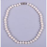 A pearl necklace with 9ct white gold clasp set diamonds