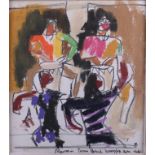 Julian Bailey: mixed media, "Moroccan Drum Band", Russell Gallery verso, 9 1/2" x 9 1/2", in a