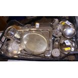 A plain silver backed three piece dressing table set, a hammered silver two-piece dressing table