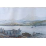 A 19th century watercolour, landscape with lake, pier and boats, indistinctly signed, 11" x 18"