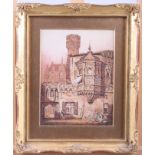 An early 19th century watercolour study of a Continental building with figures, 7 1/2" x 6", in gilt
