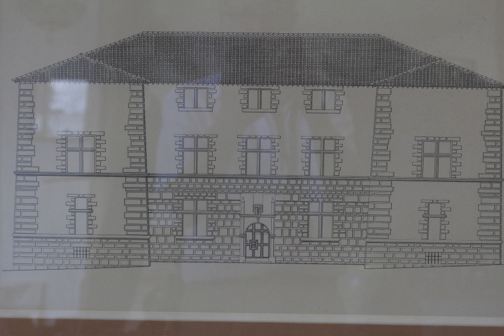 An architectural engraving, Renaissance manor house, in pine strip frame