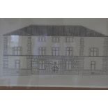 An architectural engraving, Renaissance manor house, in pine strip frame