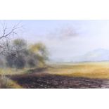 Ken Messer: watercolours, "Near the River Ock", 10 1/2" x 17", in wash line mount and strip frame
