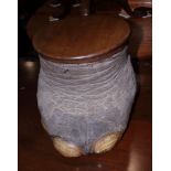 An elephant foot workbox with silk lined interior, 12" dia