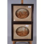 A pair of early 20th cork pictures of classical ruins, in oak frames