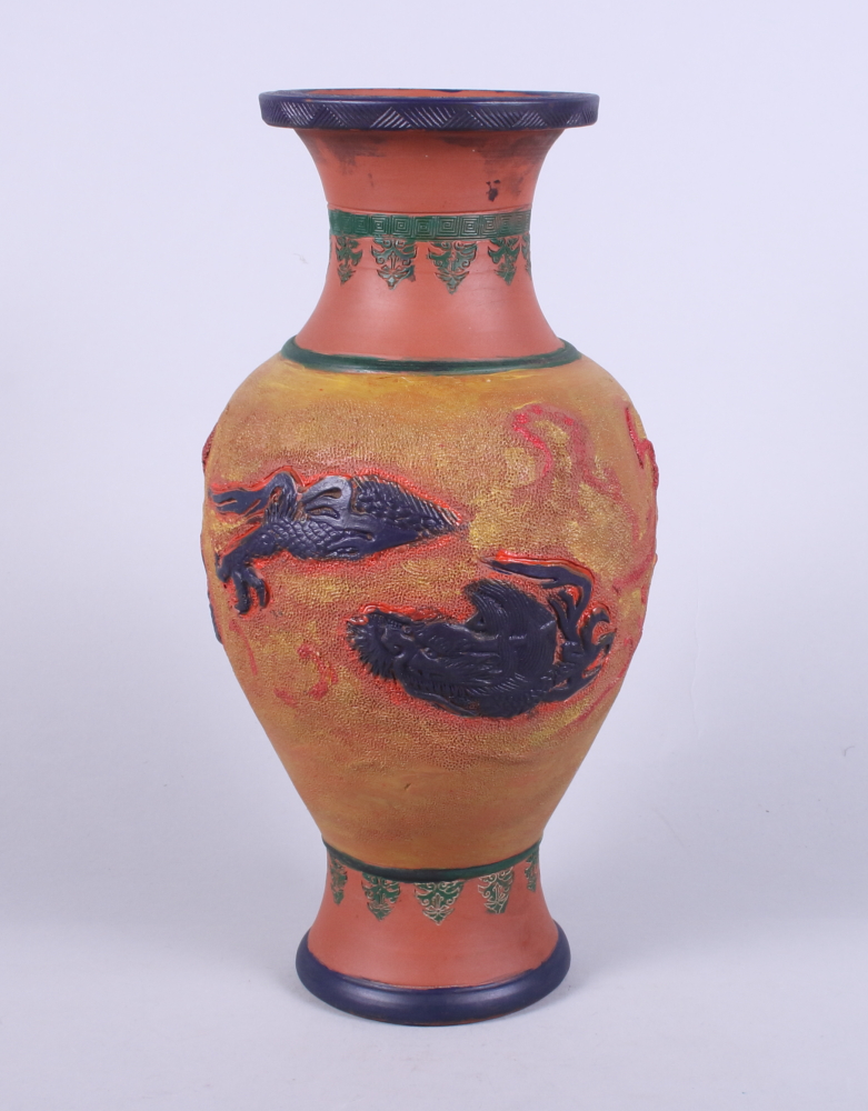 A Republic period Yixing design terracotta vase, decorated dragons,12" high