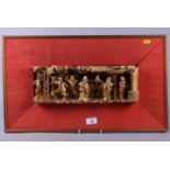 Two mid 20th century gilt painted wooden temple carvings, each in silk mounted frames