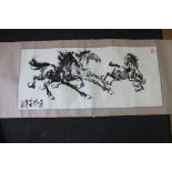 A Chinese watercolour on paper, Three Horses with script and seal mark, 69" long, mounted on silk