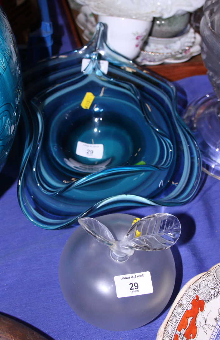 A blue glass bowl, by Kathryn Pearce, a similar smaller bowl and a Lalique frosted glass desk