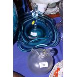 A blue glass bowl, by Kathryn Pearce, a similar smaller bowl and a Lalique frosted glass desk