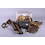 A W A S Benson copper kettle with brass spout, 6 3/4" dia, and a brass sectional candlestick and