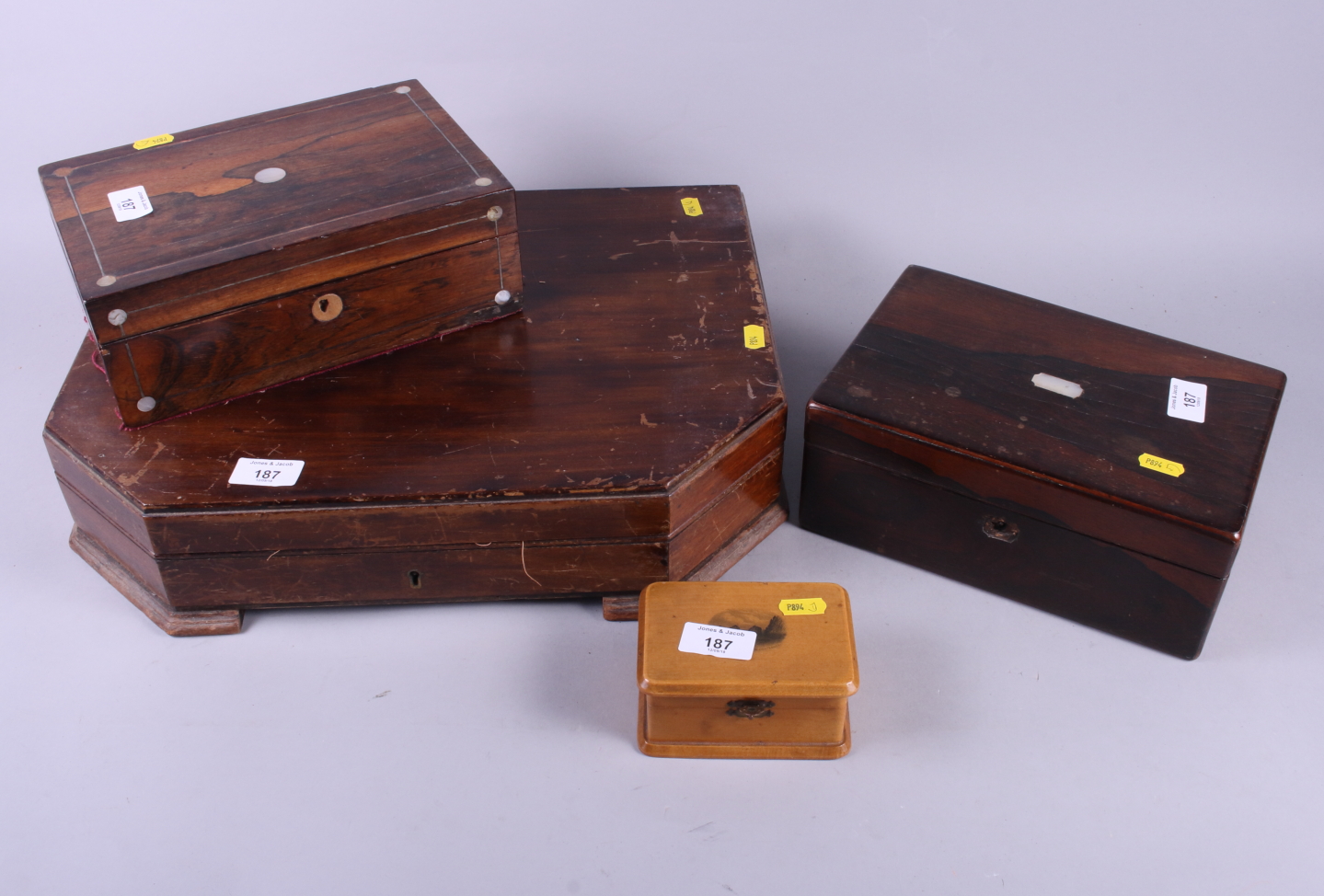 A Victorian rosewood sewing box, another similar, a Mauchline ware box, decorated The Needles and