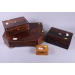 A Victorian rosewood sewing box, another similar, a Mauchline ware box, decorated The Needles and