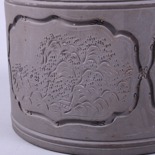 A Chinese Republic period grey stoneware cricket cage, decorated with incised mountain scenes, the - Image 6 of 10