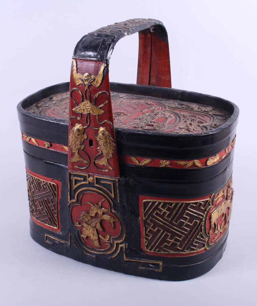 A Chinese lacquered wedding basket with applied figure and floral decoration, 12 1/2" long