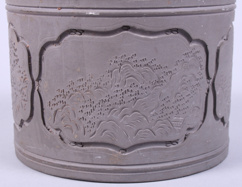 A Chinese Republic period grey stoneware cricket cage, decorated with incised mountain scenes, the - Image 3 of 10