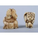 Two early 20th century Chinese carved ivory netsuke, one of a seated man, bearing signature to base,