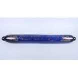 A 19th century Bristol blue glass rolling pin, decorated with gilt painted script and sailing boats,