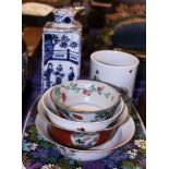 A Chinese porcelain bowl decorated with roundels of mountain scenes on an orange and gold ground,