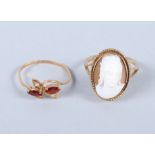 A 9ct gold carved shell cameo ring and Continental gold, garnet and diamond dress ring