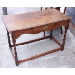 An oak side table, fitted drawer, with gadroon edge, on twist turned supports, and an oak corner