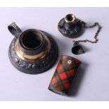 A Tartanware (Stuart) go-to-bed vesta case and a miniature brass and bronzed go-to-bed vesta /