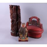 An Indonesian carved hardwood group of demons, 21" high, a Chinese coopered and red painted "tiffin"