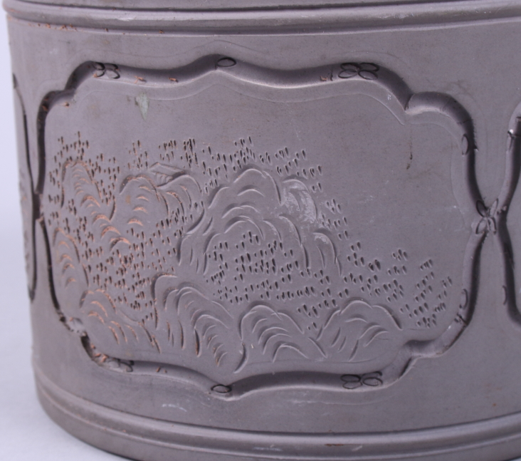 A Chinese Republic period grey stoneware cricket cage, decorated with incised mountain scenes, the - Image 5 of 10