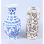 A Chinese blue and white hexagonal vase with figure decoration, 14" high, and a Canton style