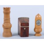 A 19th century tortoise shell needle case, a turned boxwood needlecase, formed as a chess piece, and