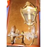 Three brass cherub lamps, two cut glass single arm wall lights and one other with mirror back