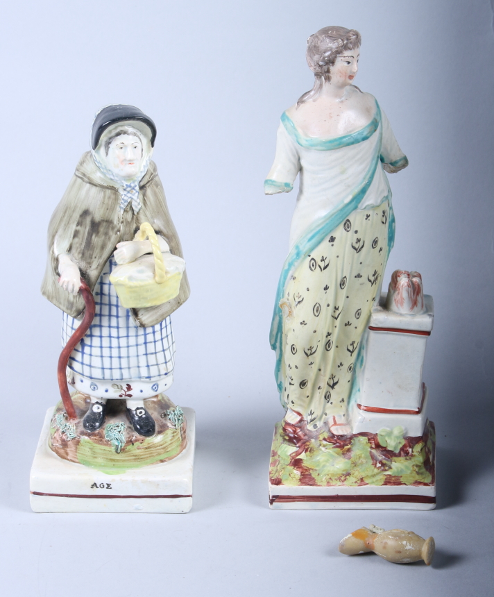 An early 19th century Staffordshire figure, "Age", 8" high (restorations) and an 18th century