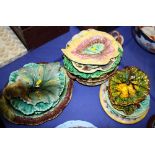 A collection of 19th century majolica leaf moulded dishes