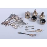 A George V silver cruet set, a silver Coronation spoon, and various other silver and silver plate