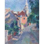 Sylvia Adburgham: oil on canvas faced board, Continental street scene, 12 1/4" x 15 1/2" in carved