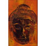 Vanjan: acrylic on board, portrait of a Thai Buddha's head, 15" x 10", in oak frame