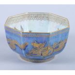 A Wedgwood octagonal lustre porcelain bowl, decorated birds and dragons, with Greek key border, gilt