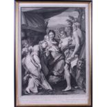 An 18th century engraving Saint Cecilia after Raphael, in strip frame, a companion, Madonna with